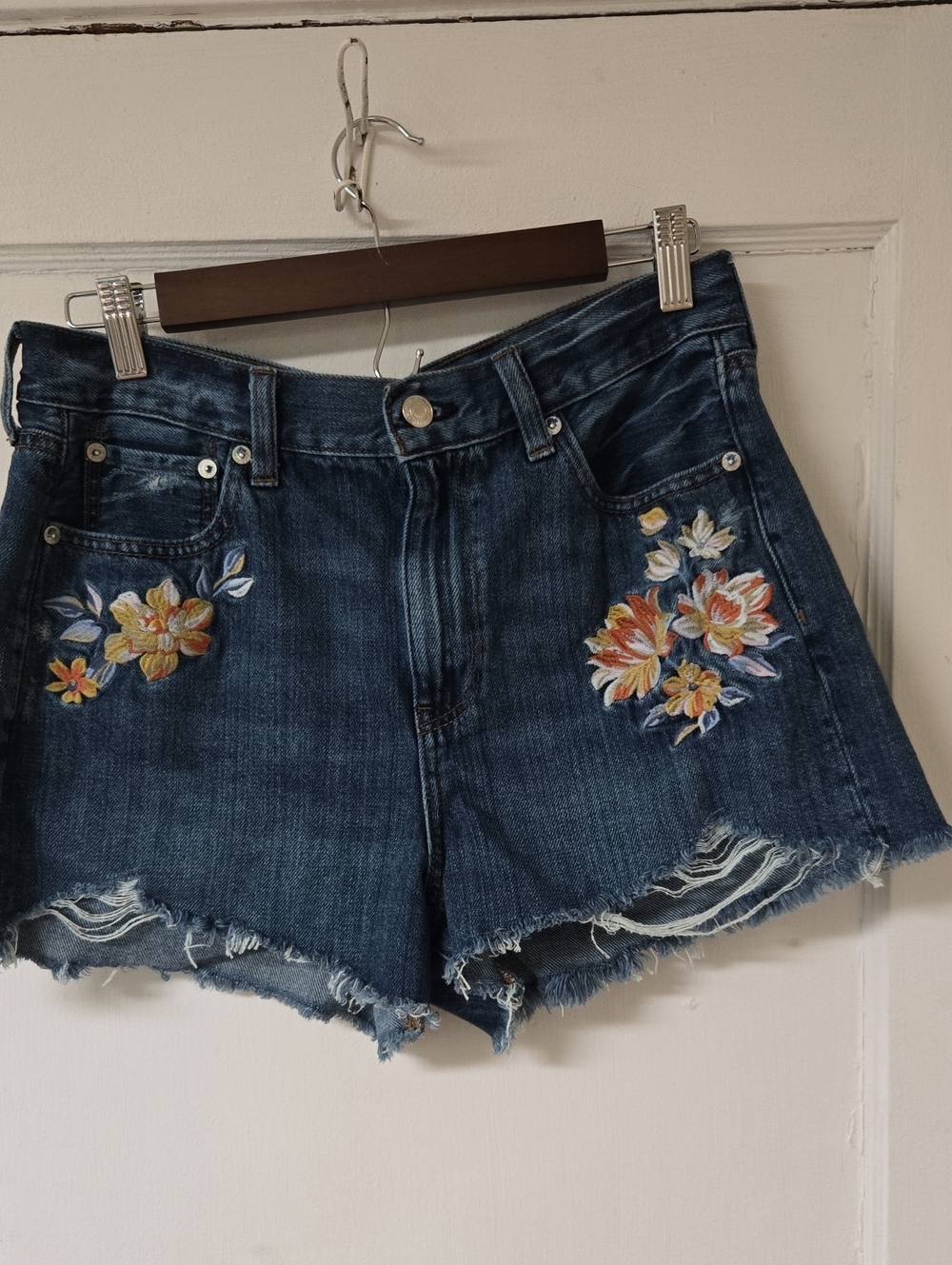American Eagle Outfitters Floral Embroidered Distressed Mom Shorts
